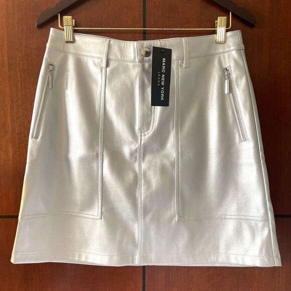 Marc New York Dresses & Skirts - NWT Marc New York Women's Faux Leather Silver A-Line Mini Skirt Size 10